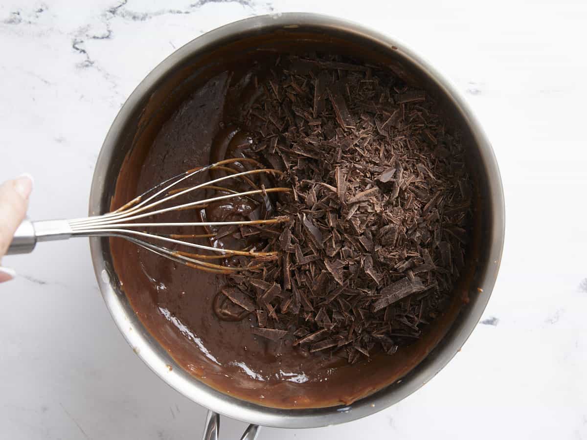 Chopped chocolate added to the saucepot.