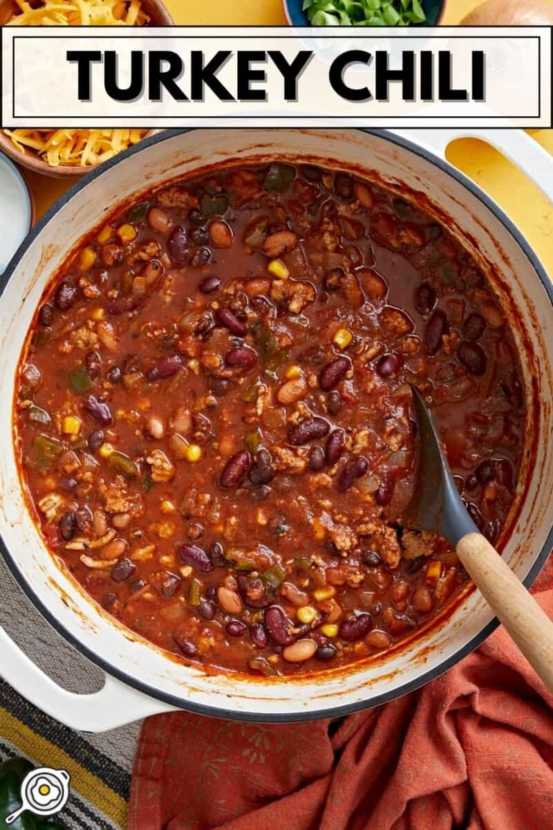 Overhead view of a pot full of turkey chili.