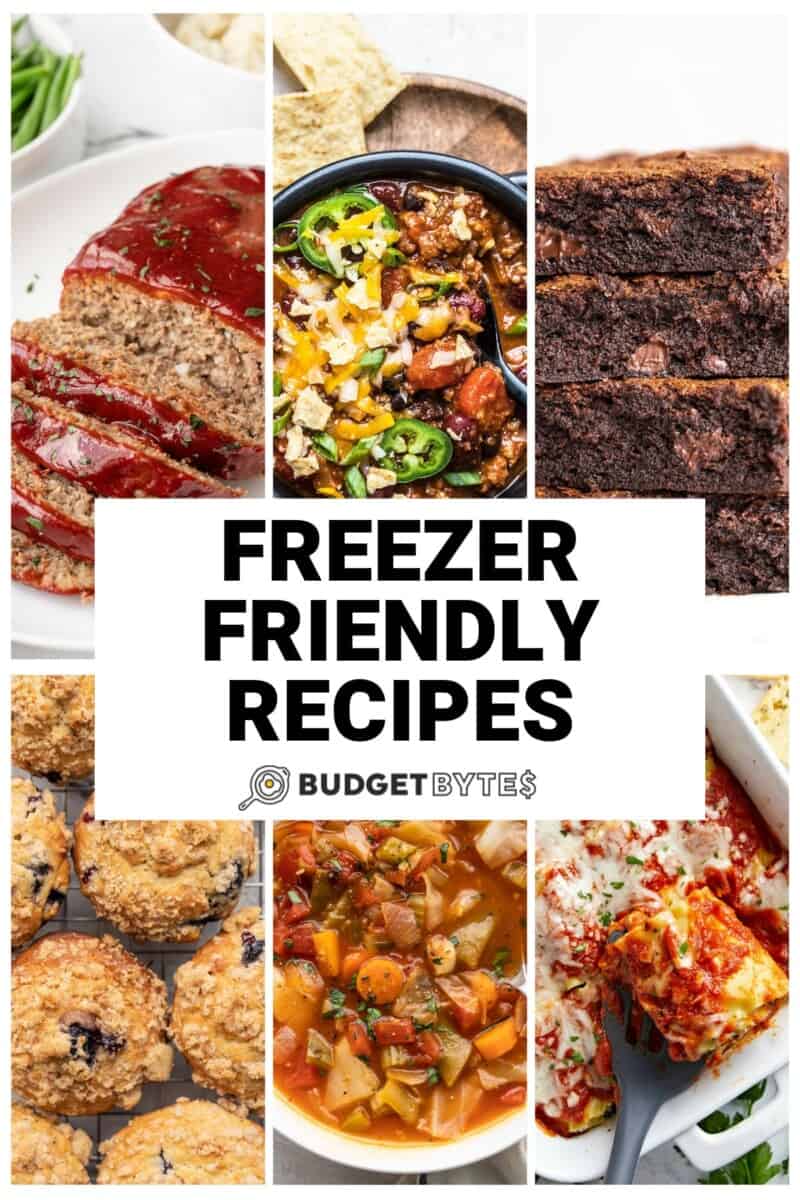 Collage of six freezer friendly recipes with title text in the center.