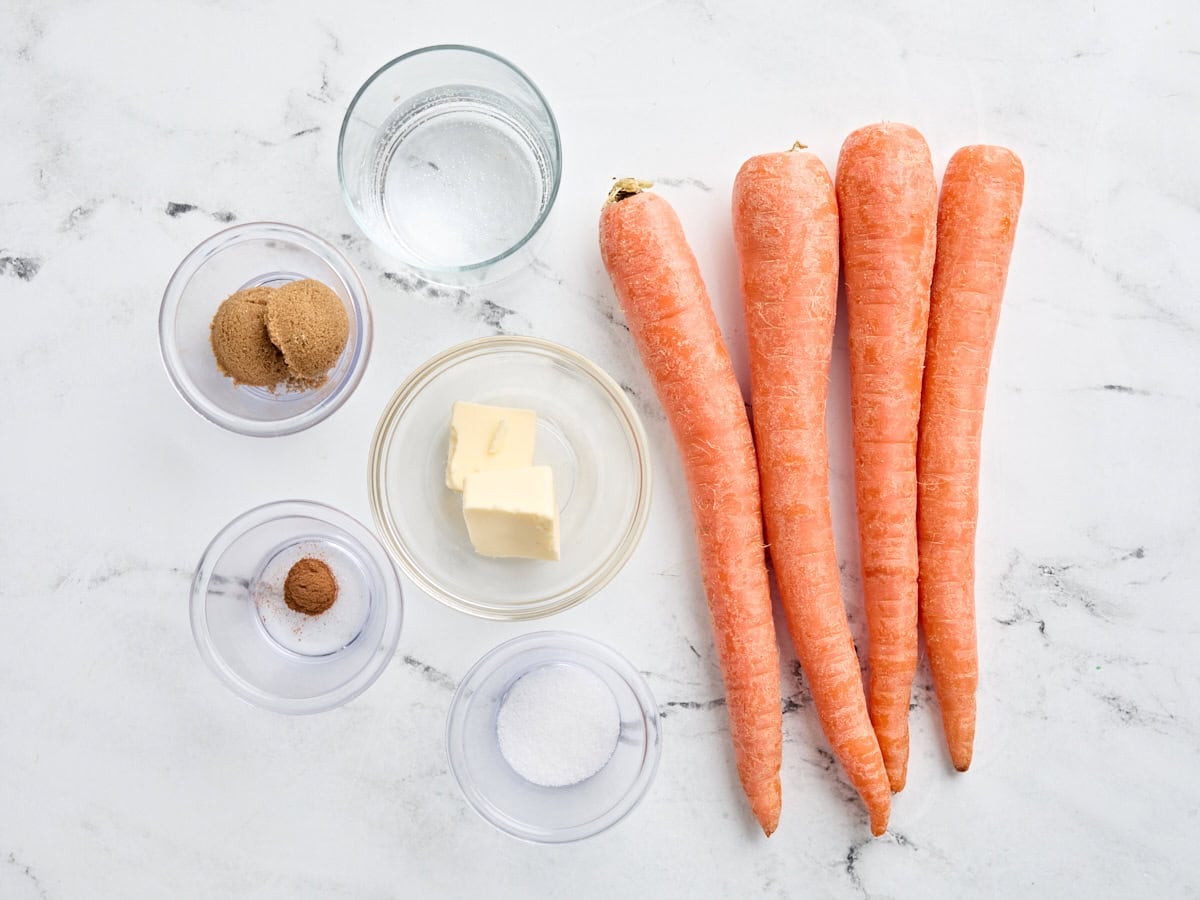 The ingredients to make glazed carrots.