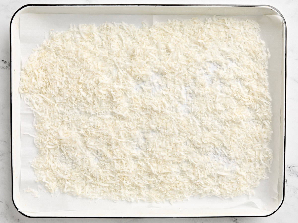 Shredded coconut on a baking sheet.