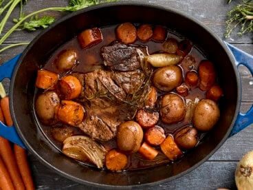 Overhead view of a pot roast in a dutch oven.