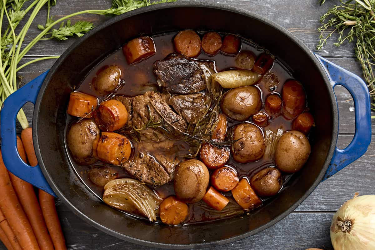 Overhead view of a pot roast in a dutch oven.