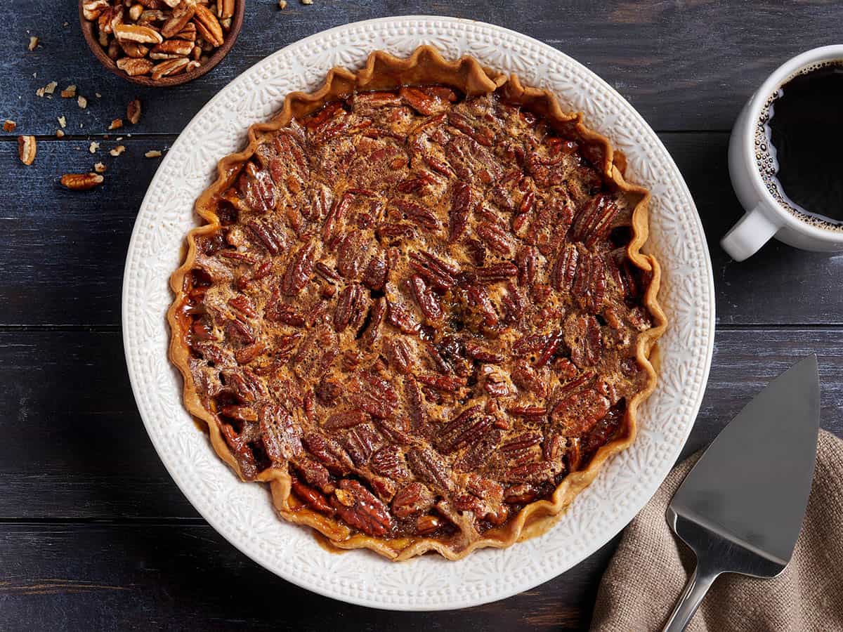 Overhead view of a homemade pecan pie.