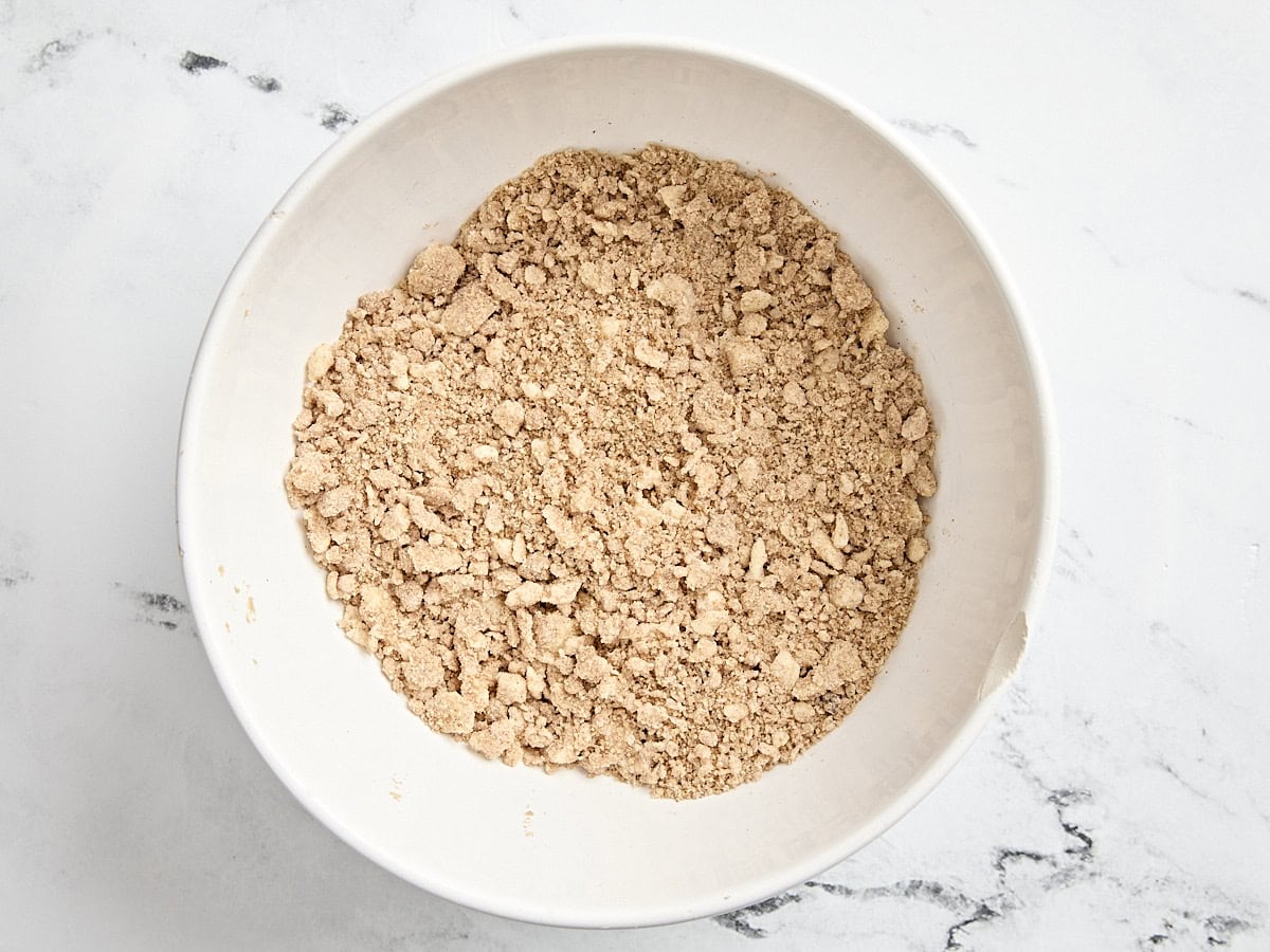 Streusel topping for coffee cake in a mixing bowl.
