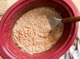 Overhead view of slow cooker steel cut oats in a crockpot with a spoon.