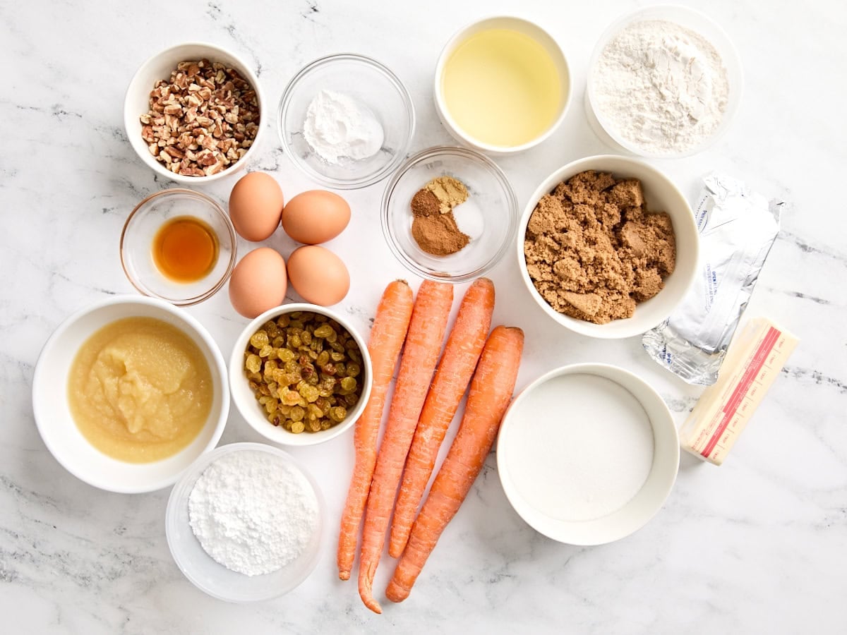 The ingredients to make a from scratch carrot cake.
