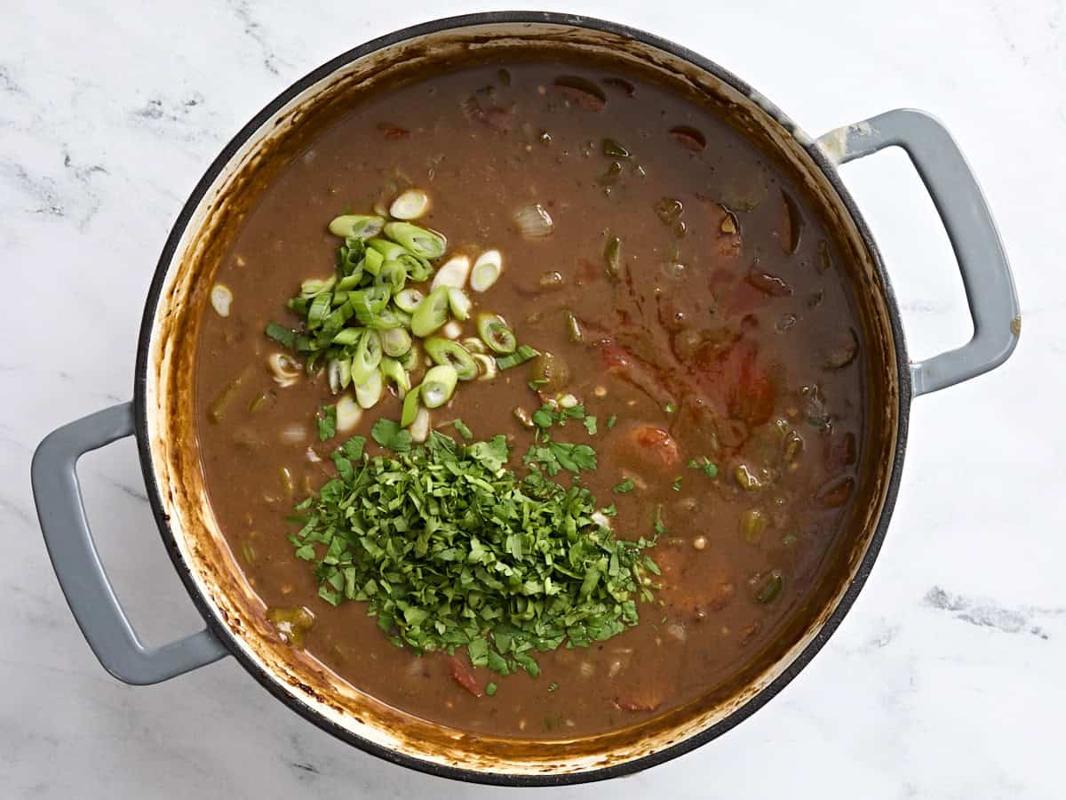 Green onions, parsley, and hot sauce in a pot of gumbo.