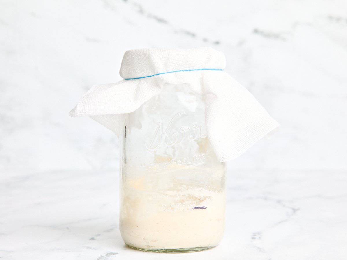 Mixed flour and water in a mason jar, covered with a coffee filter.