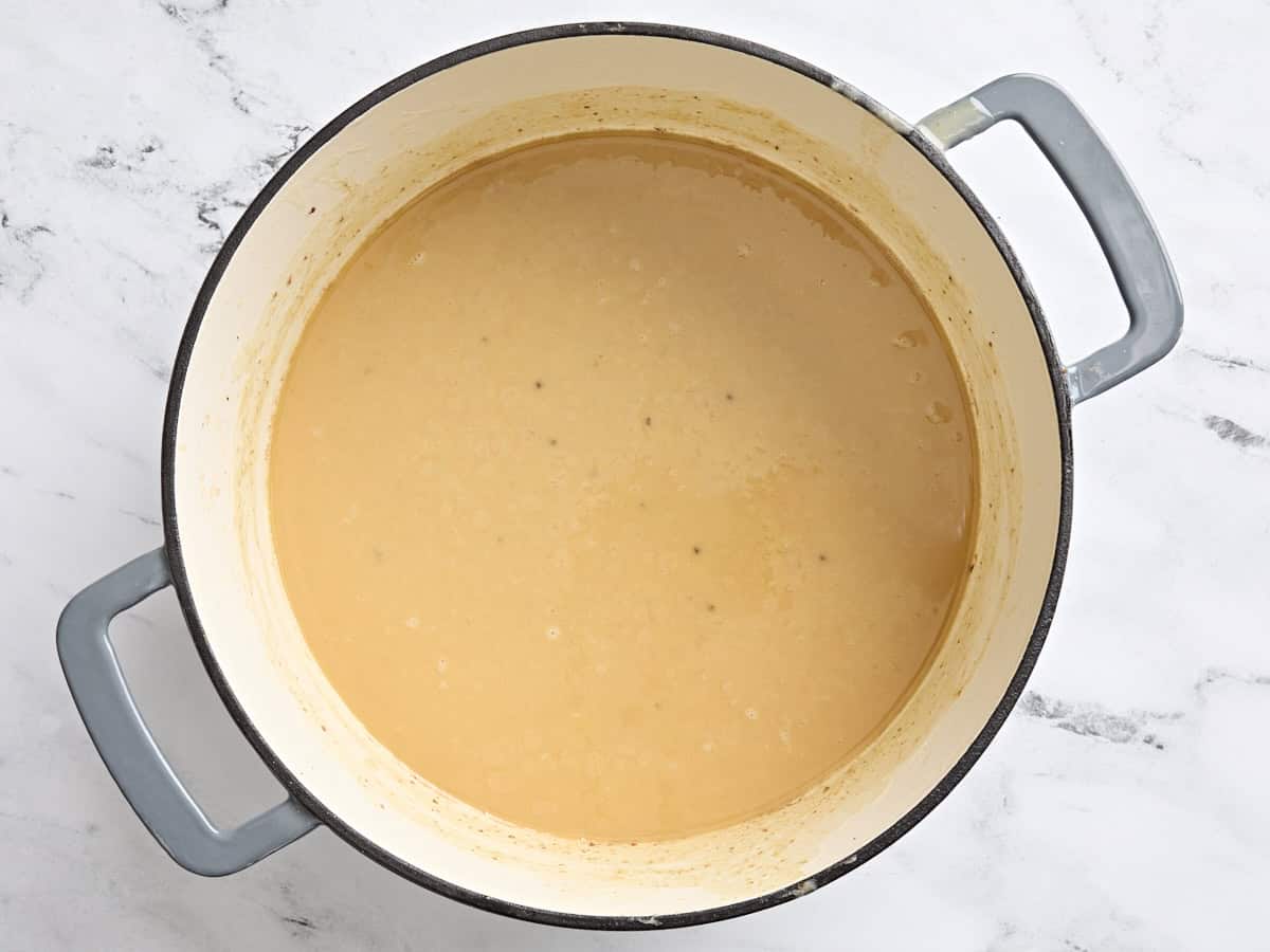 A light brown roux in a pot.