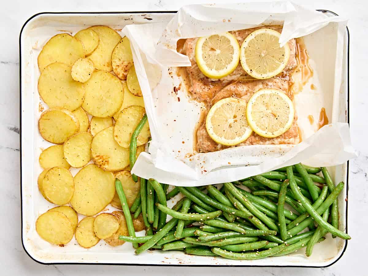 Finished one pan salmon dinner on a baking sheet.
