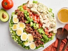 Overhead view of a cobb salad in a serving bowl.