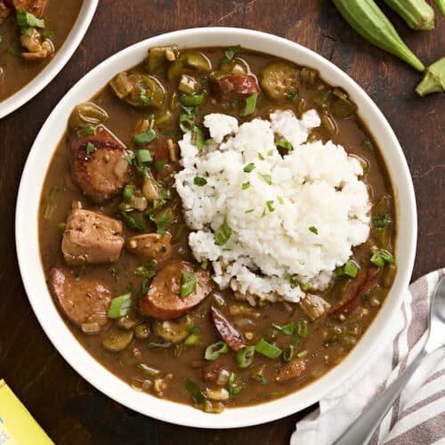 Overhead view of a bowl of gumbo and rice.