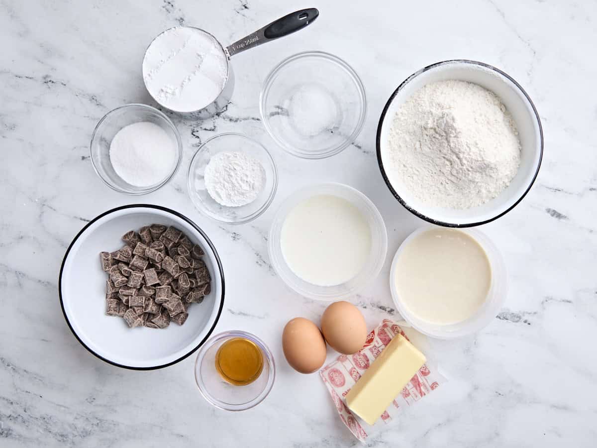 The ingredients for making homemade sourdough chocolate chip scones.