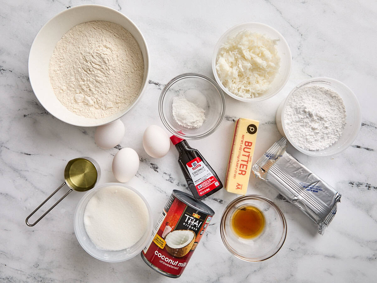 The ingredients to make a homemade coconut cake.