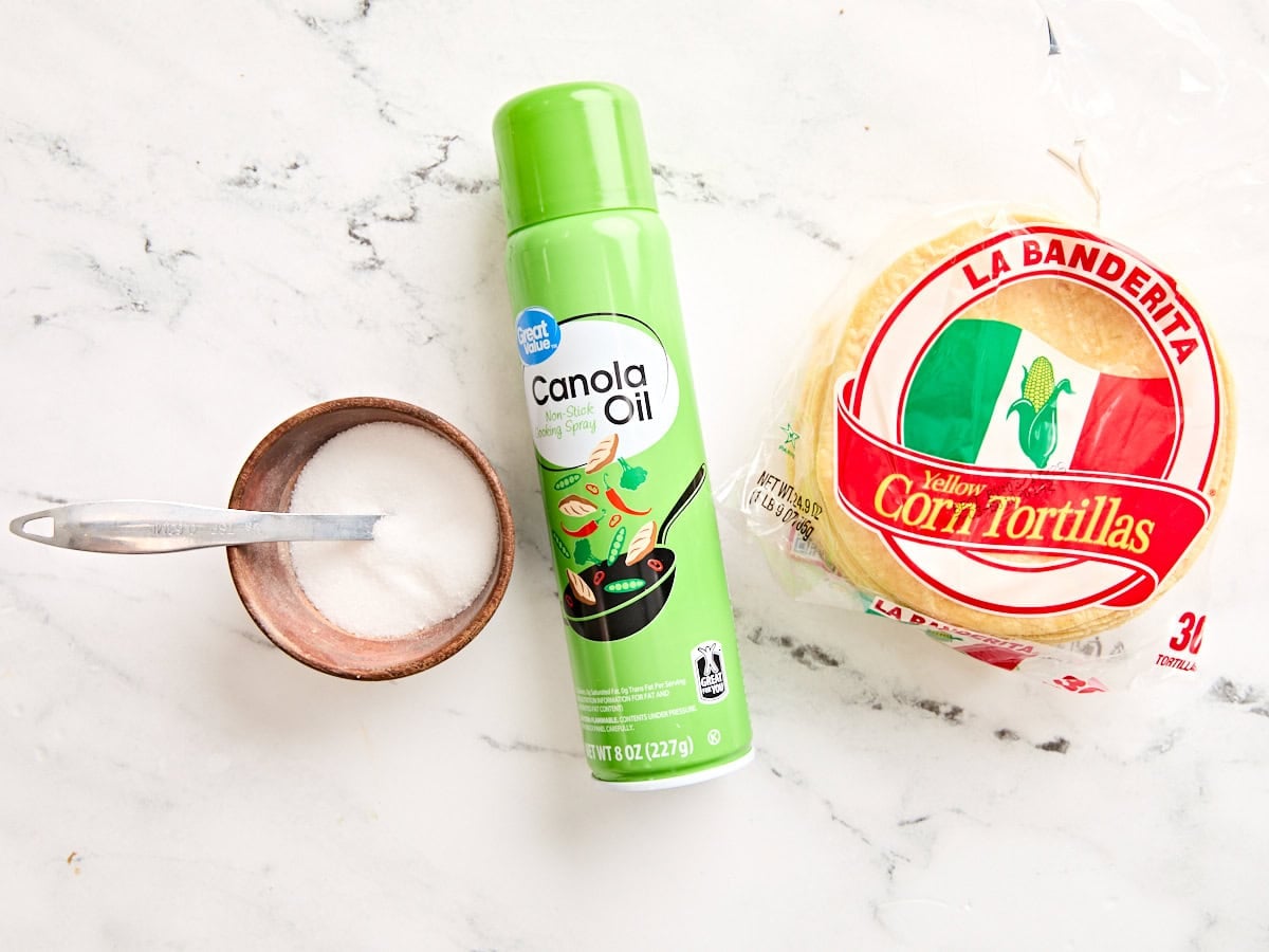 The ingredients to make air fryer tortilla chips.