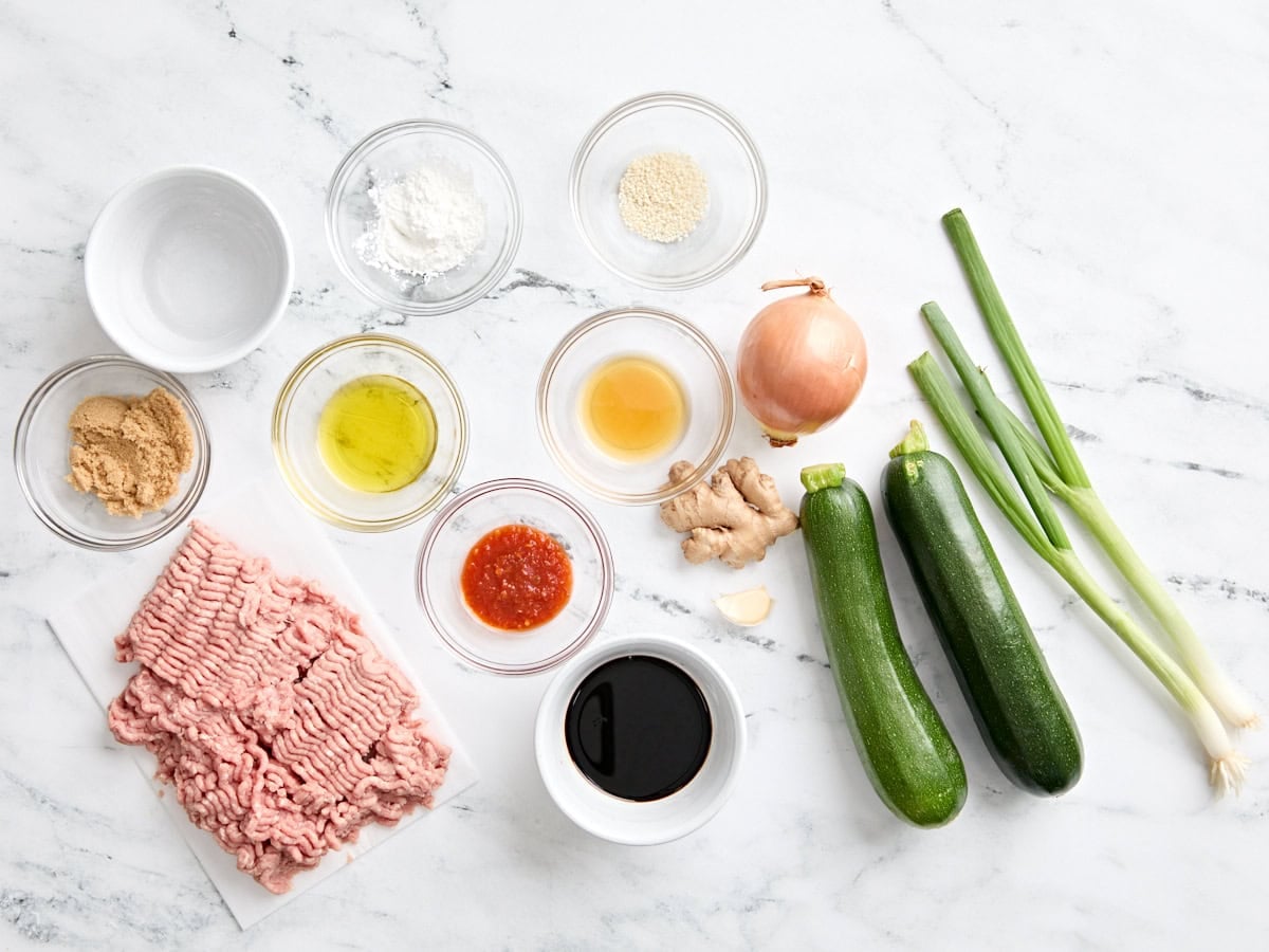 The ingredients to make a Ground Turkey Zucchini Skillet dinner
