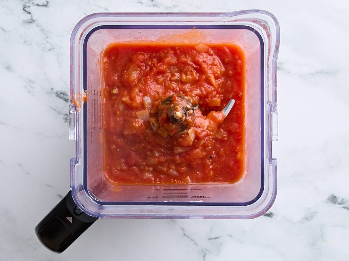 Homemade spicy salsa in a blender.