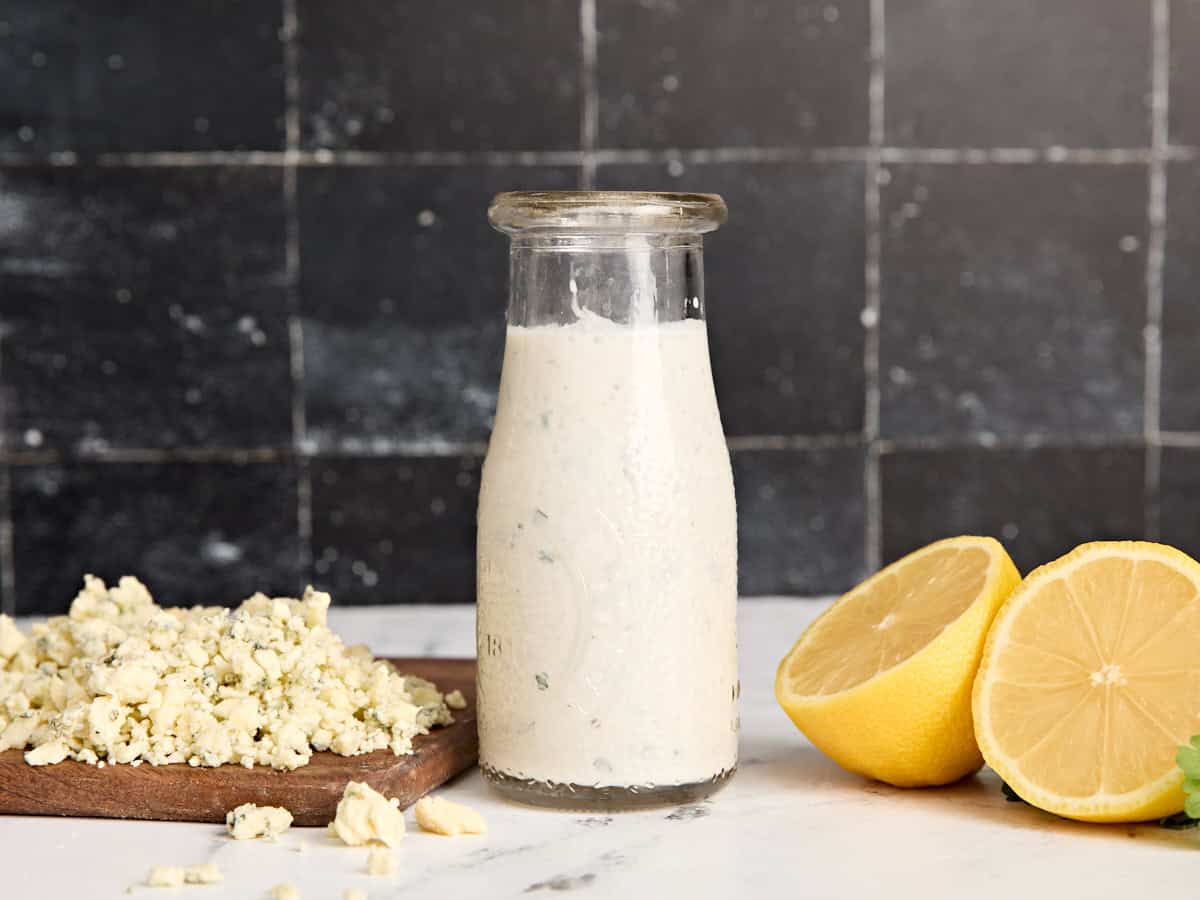 Homemade blue cheese dressing in a bottle.