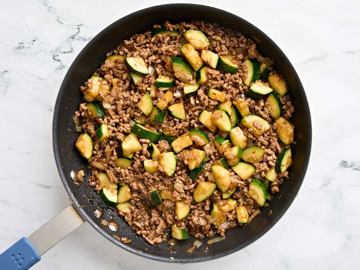 Finished ground turkey and zucchini skillet dinner.