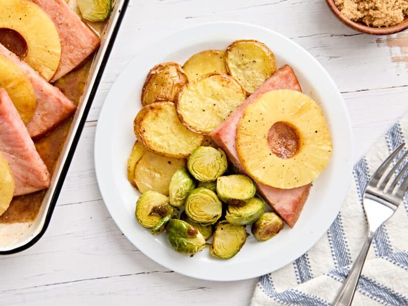 Brussels sprouts, ham and potatoes plated