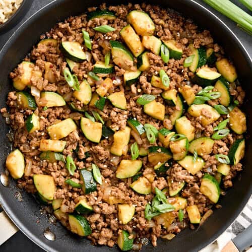 Overhead view of an easy ground turkey zucchini skillet.
