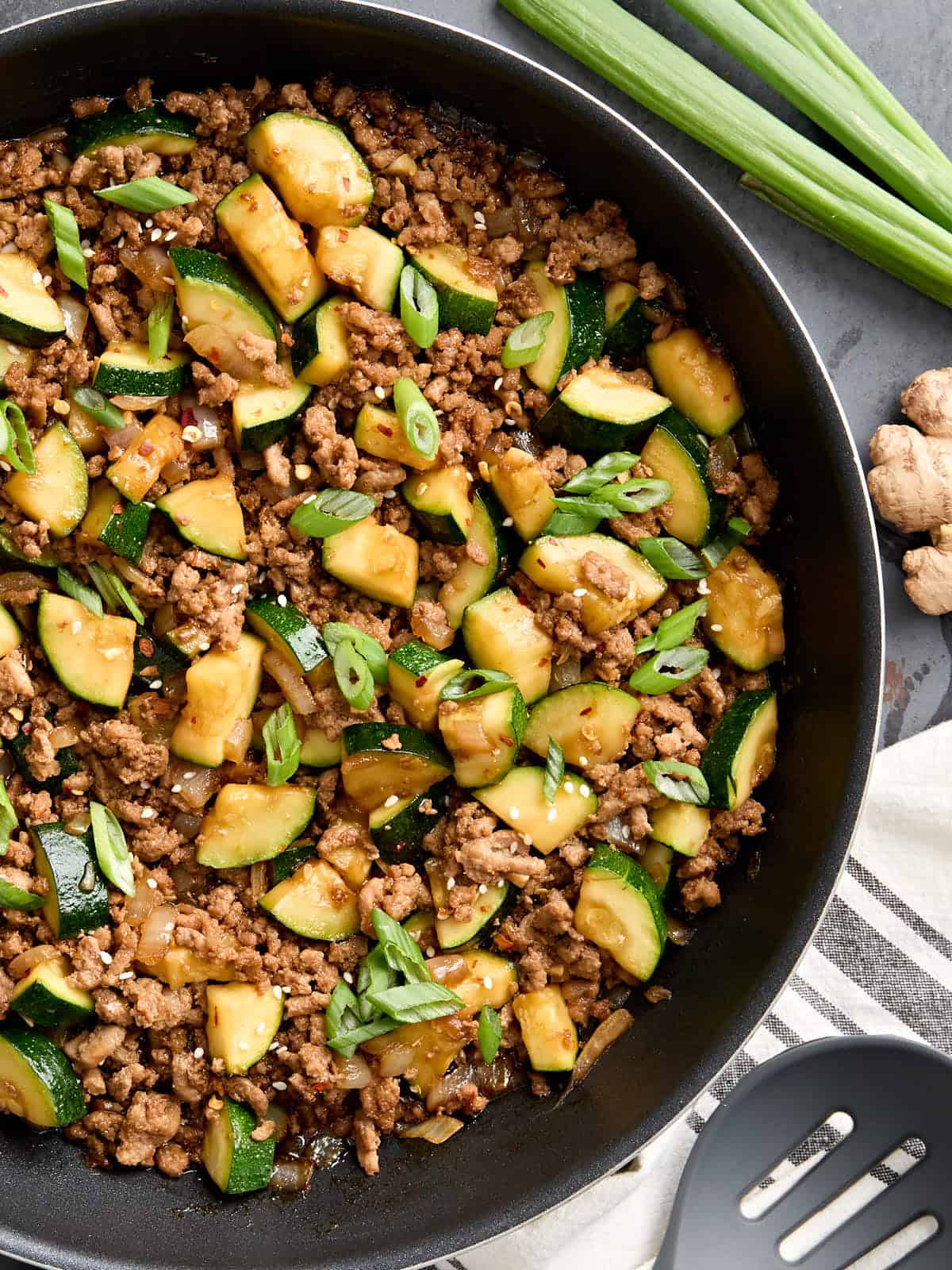 Overhead view of an easy ground turkey zucchini skillet.