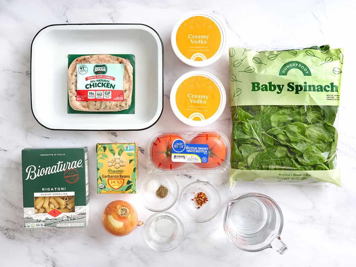 The ingredients to make Bruschetta Rigatoni all Vodka.