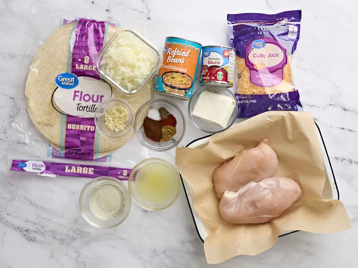 The ingredients to make homemade baked chicken chimichangas.