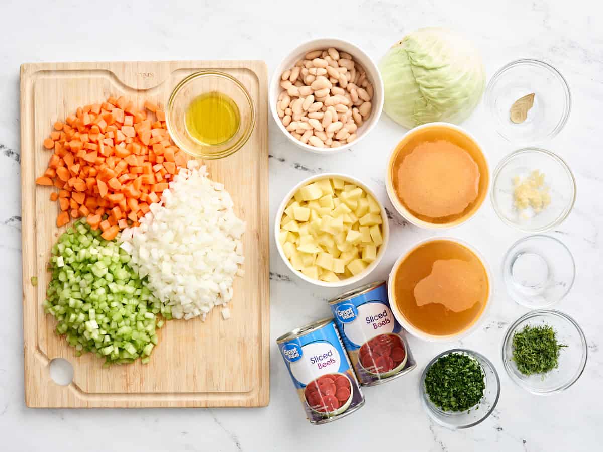 The ingredients to make a Ukrainian borscht.