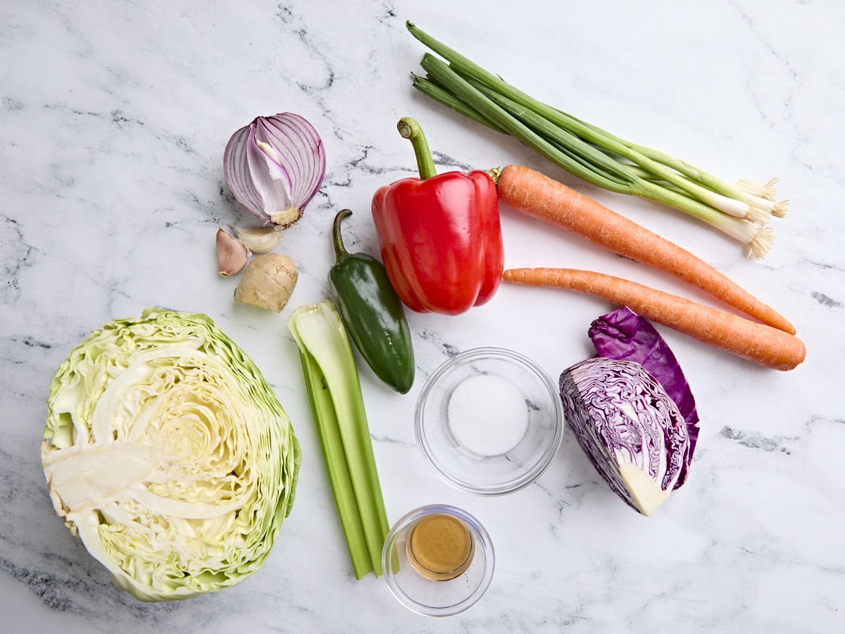 The ingredients to make easy fermented vegetables.