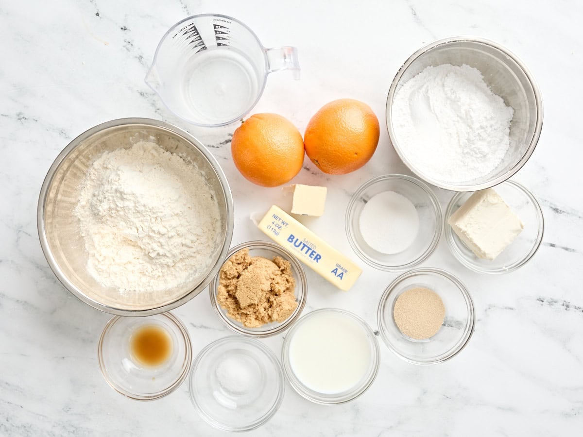 The ingredients to make orange rolls.