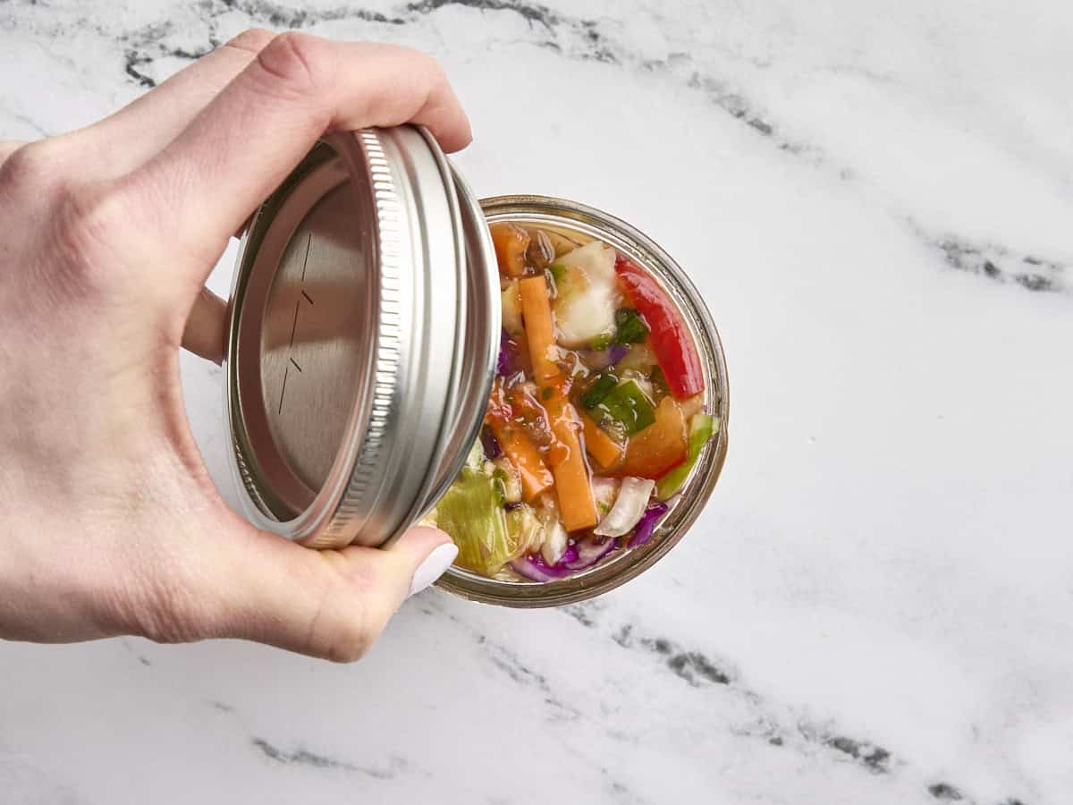 A jar of easy fermented vegetables after one day.