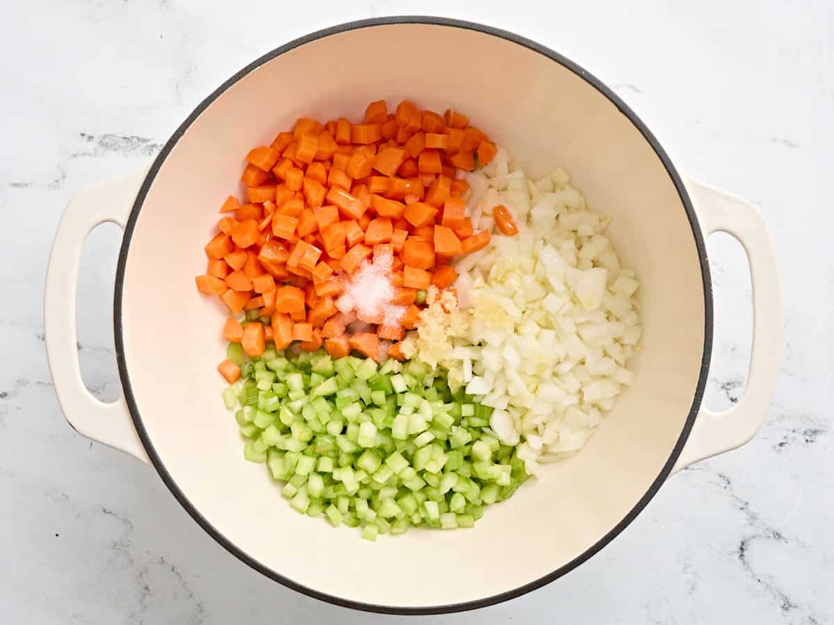 A mirepoix in a sauce pan.