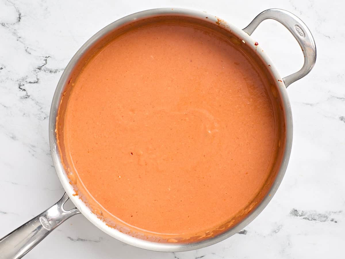 A skillet of homemade vodka sauce.