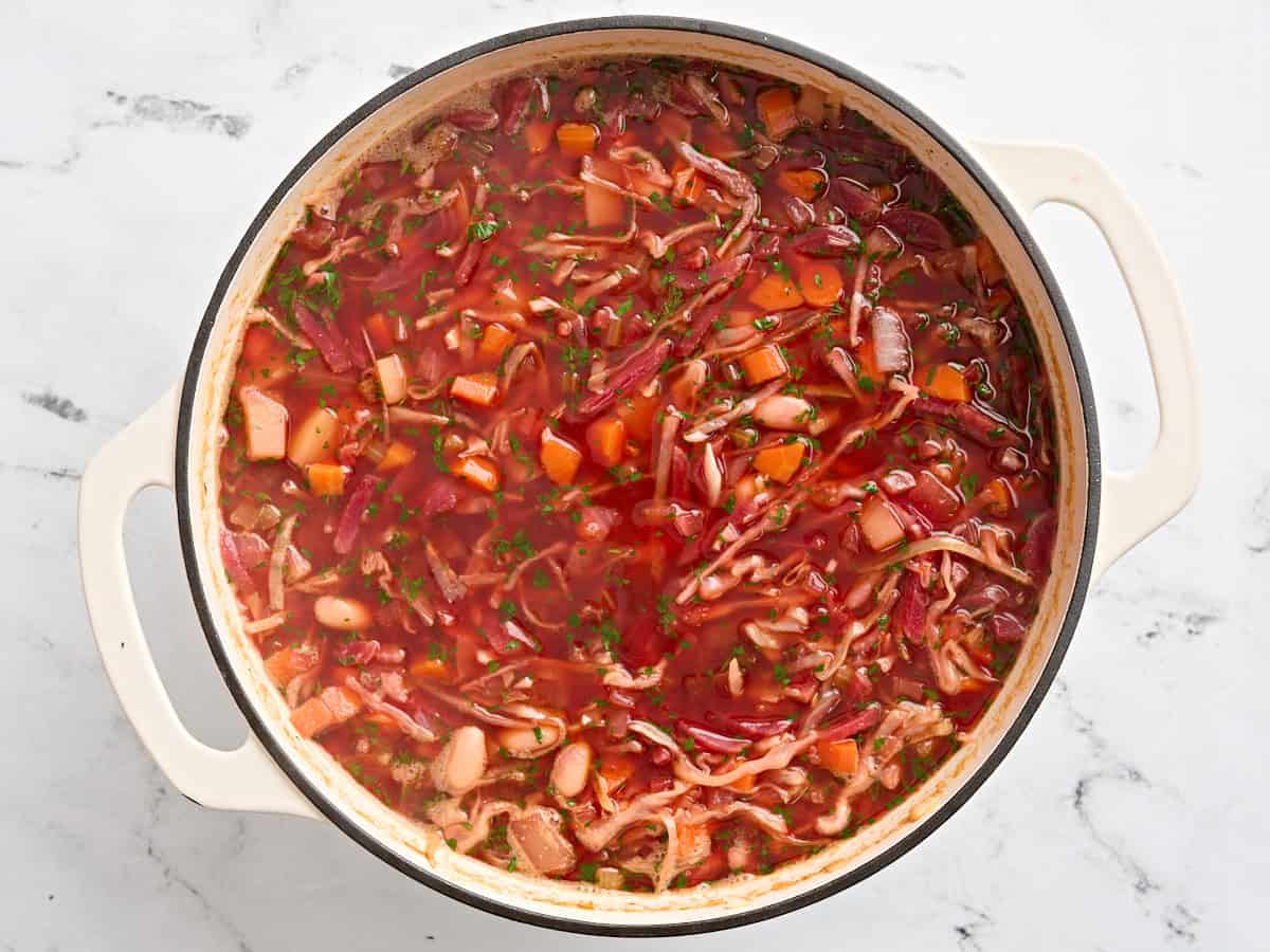 Finished homemade Ukrainian borscht in a sauce pot.