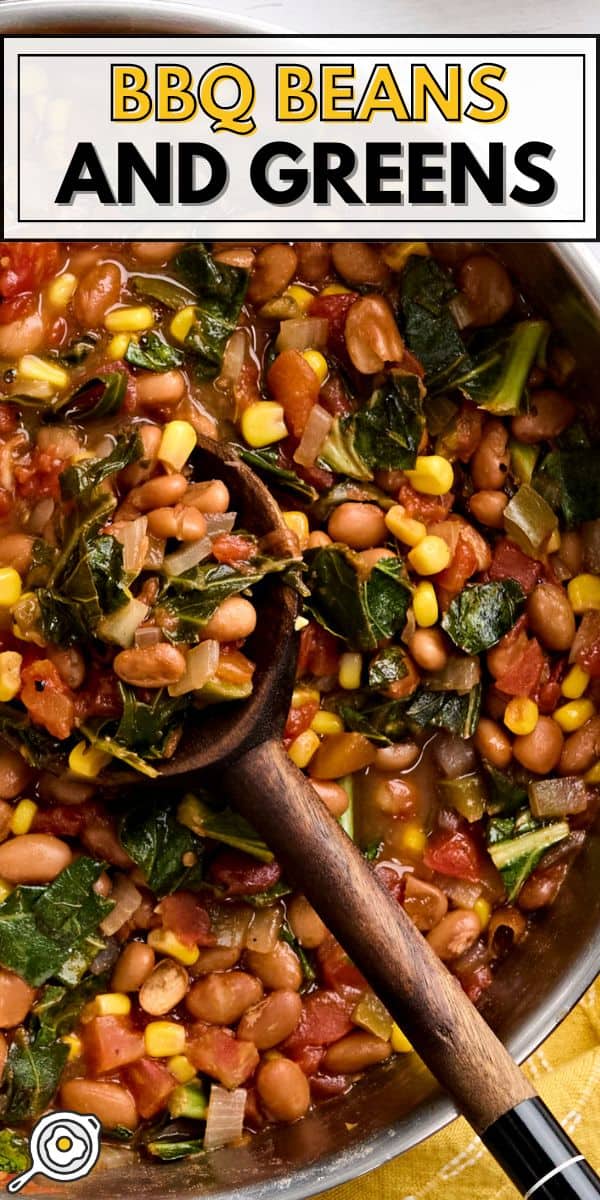 BBQ baked beans and greens pin image