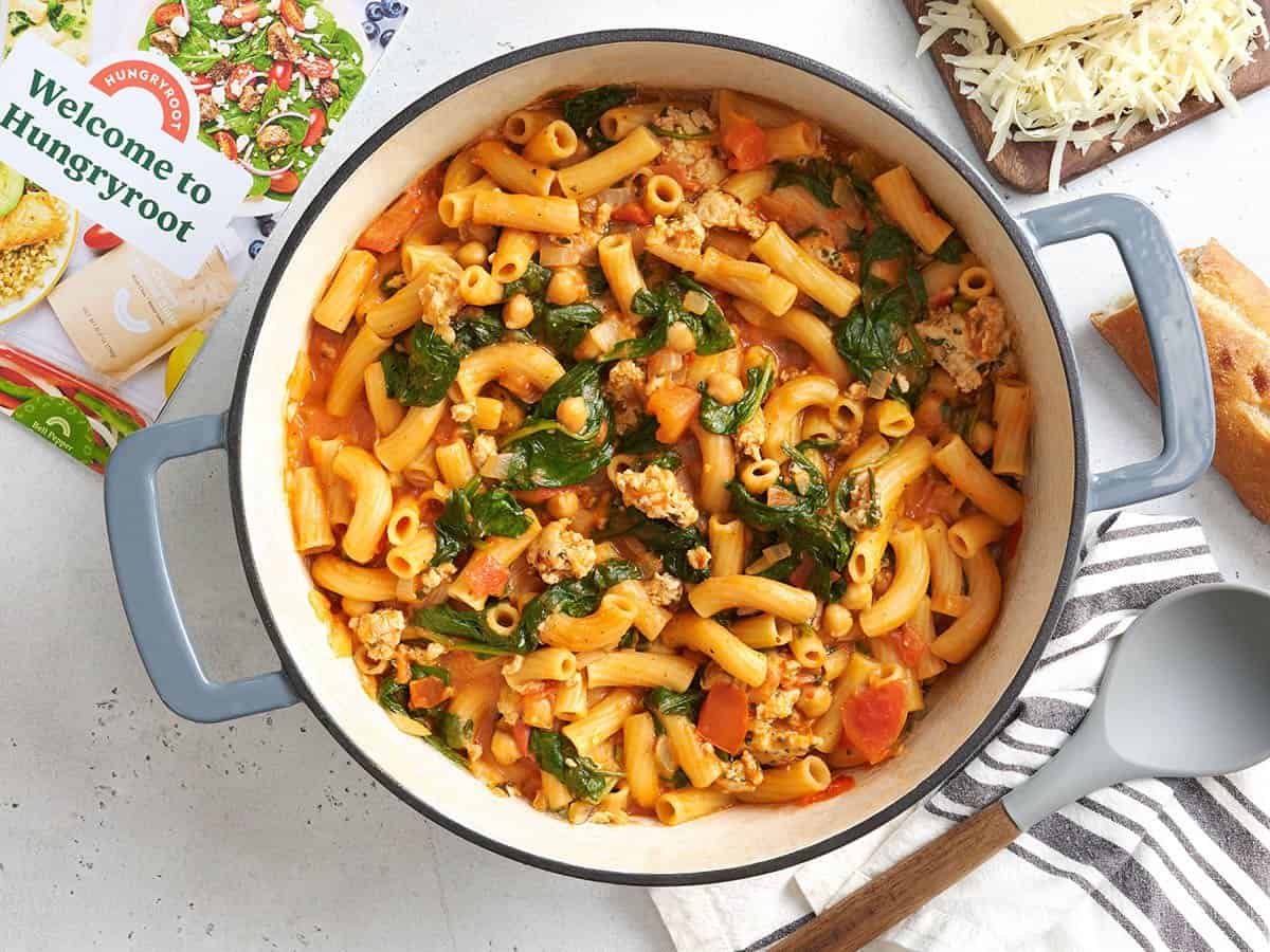Overhead view of a pot of Bruschetta Chicken Rigatoni.