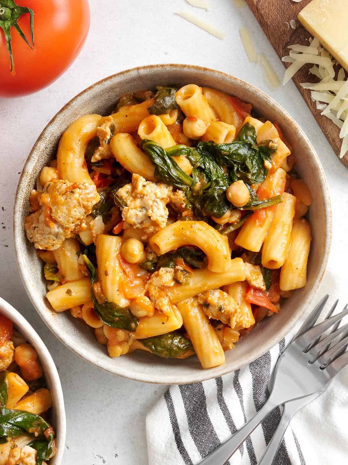 Overhead view of a bowl of Bruschetta Rigatoni all Vodka.