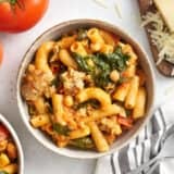 Overhead view of a bowl of Bruschetta Rigatoni all Vodka.