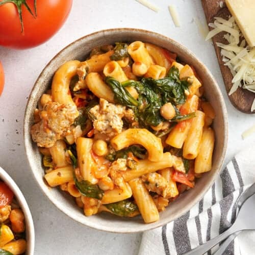 Overhead view of a bowl of Bruschetta Rigatoni all Vodka.