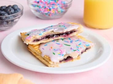 A homemade blueberry pop tart on a plate.