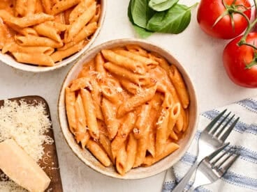 Overhead view of a bowl of pasta with homemade vodka sauce.