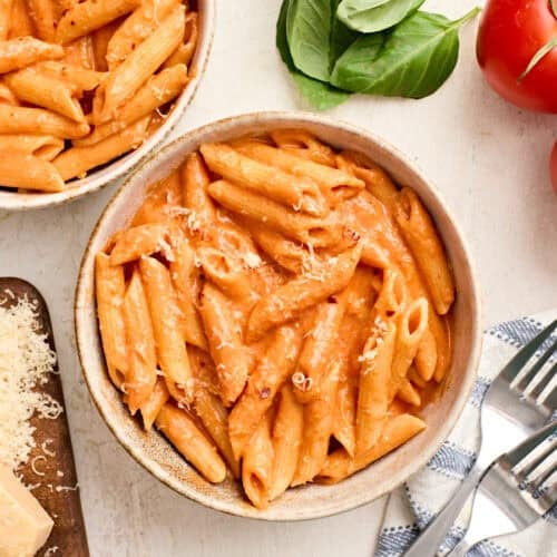 Overhead view of a bowl of pasta with homemade vodka sauce.