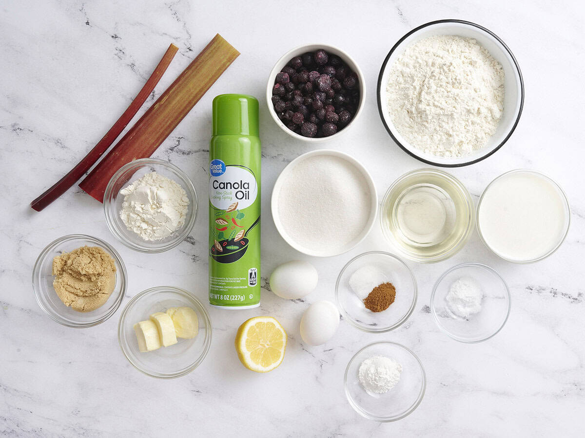 The ingredients to make blueberry rhubarb muffins.