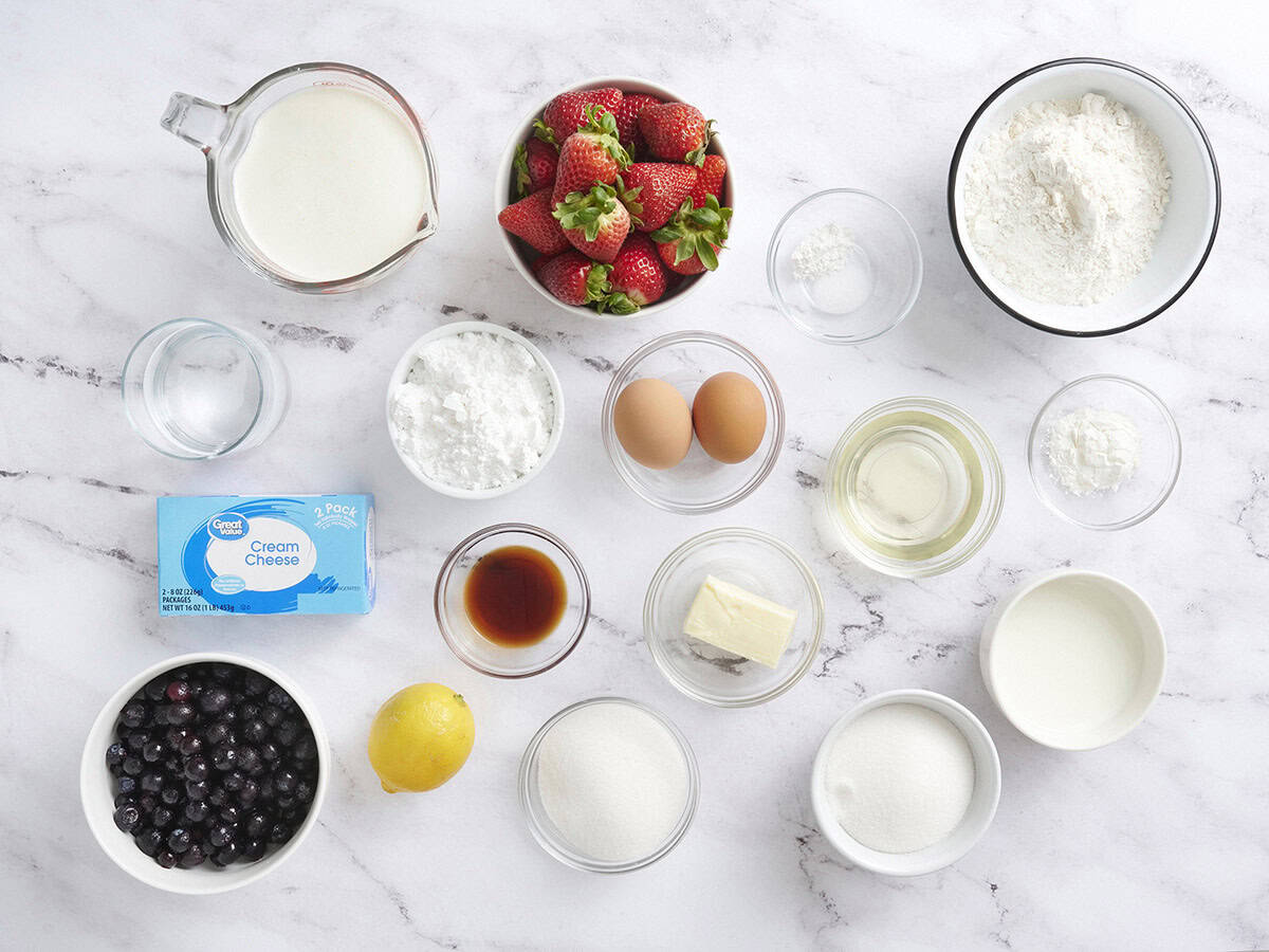 The ingredients to make a red white and blue trifle.