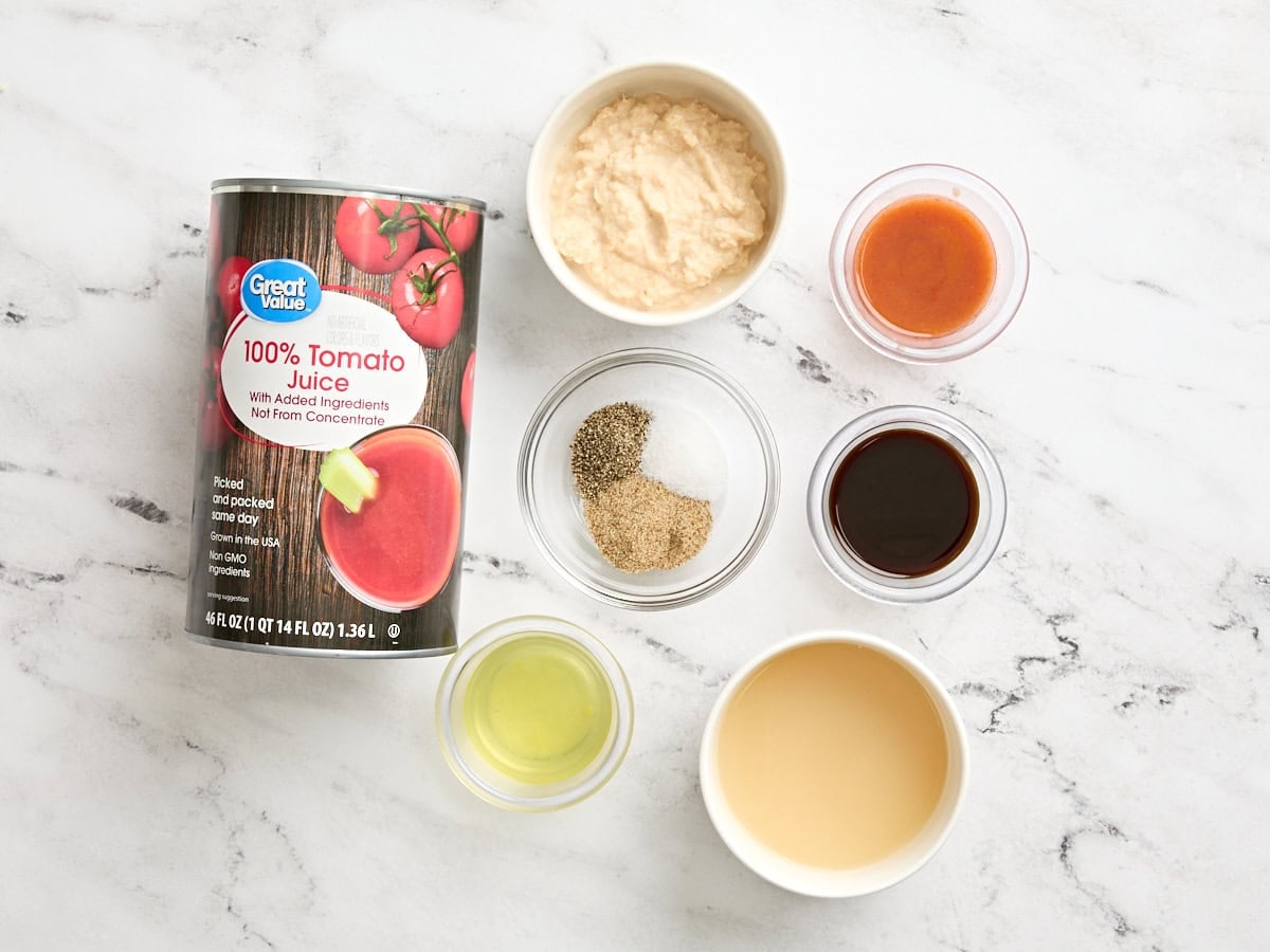 The ingredients to make a homemade bloody mary mix.