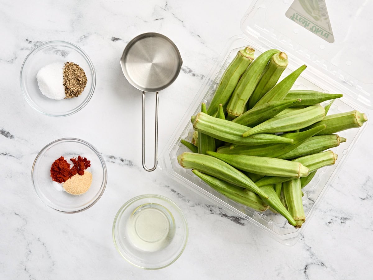 The ingredients to make grilled okra.
