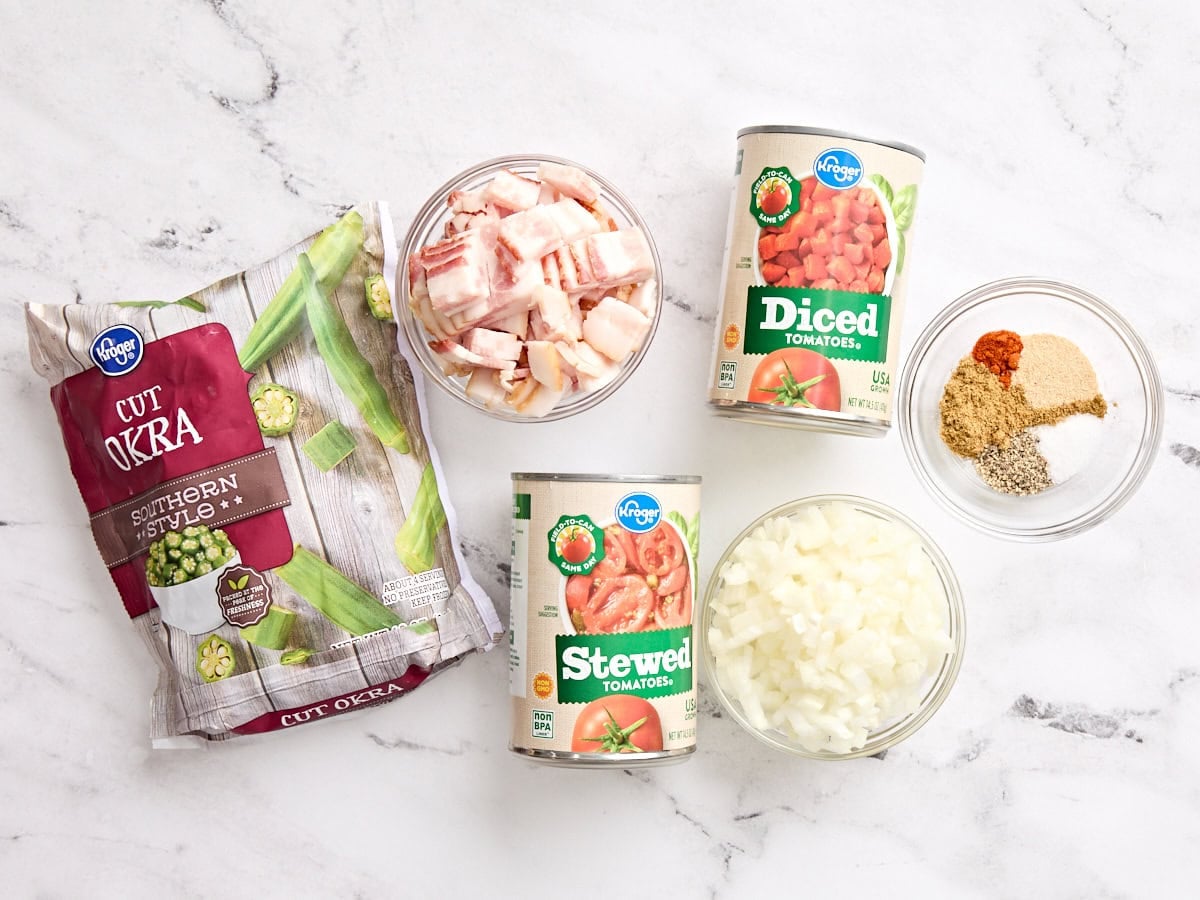 Overhead view of the ingredients for Stewed Tomatoes and Okra.