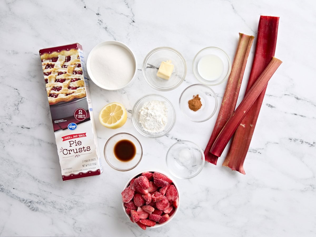 The ingredients for rhubarb strawberry pie.